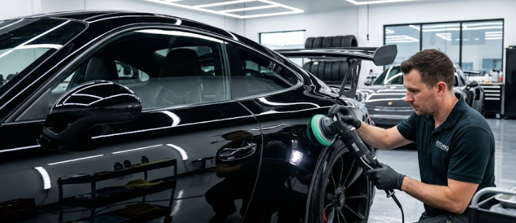 High-gloss reflection showing paint correction results on black luxury car paint
