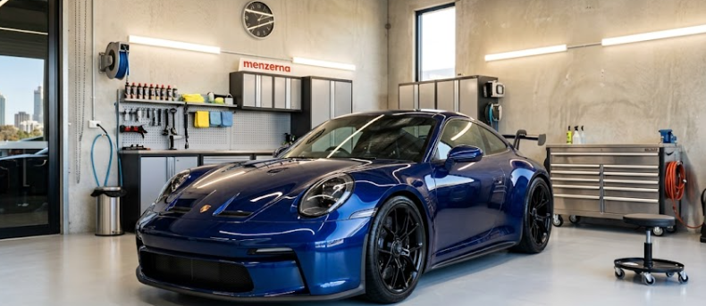 Next Car Detail indoor car detailing workshop in Maddington featuring a blue Porsche on a vehicle hoist