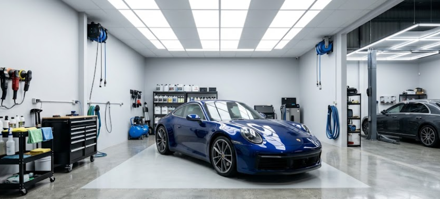 Next Car Detail indoor car detailing workshop in Maddington featuring a blue Porsche on a vehicle hoist