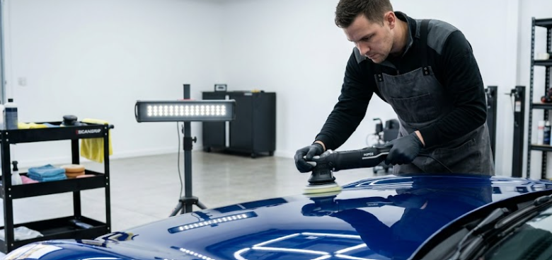 Professional detailer performing paint correction and inspection inside Next Car Detail workshop