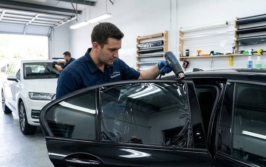 NextCarDetail specialist applying professional window tinting to a vehicle in the Maddington workshop
