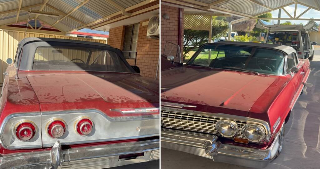 Rear and front views of a dusty, faded red classic Chevrolet before professional detailing.