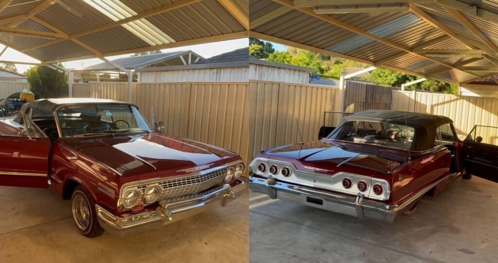 Front and rear views of a fully detailed classic red Chevrolet convertible showcasing a flawless, mirror-like finish after paint correction in Perth.