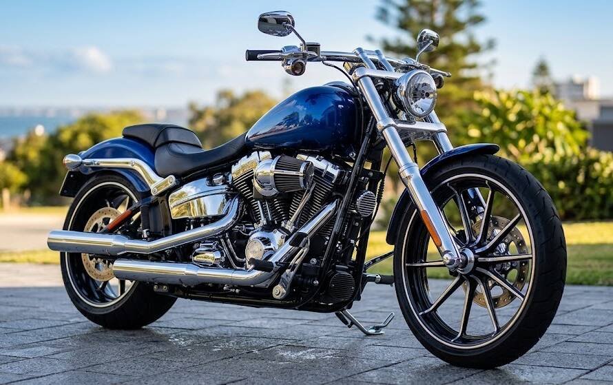 Glossy blue cruiser motorcycle after professional motorcycle detailing and polishing in Perth by NextCarDetail