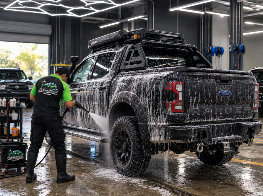 Professional 4WD detailing in Perth: A detailer applying a safe snow foam wash to a black 4x4 ute.