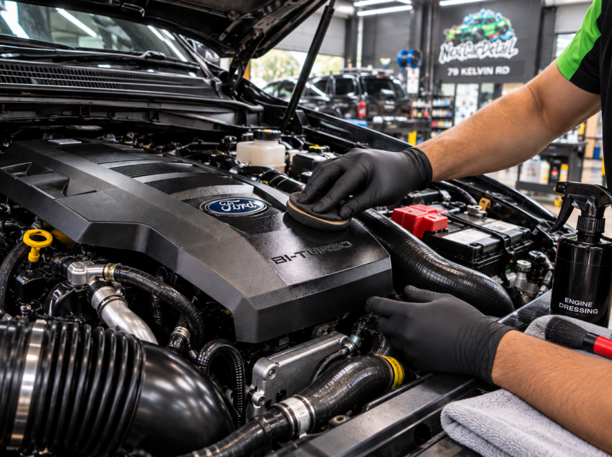 Professional engine bay cleaning service in Perth: A NextCarDetail technician carefully detailing a car engine.